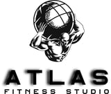 Atlas Fitness Studio logo featuring a muscular figure holding a globe above their head in black and white